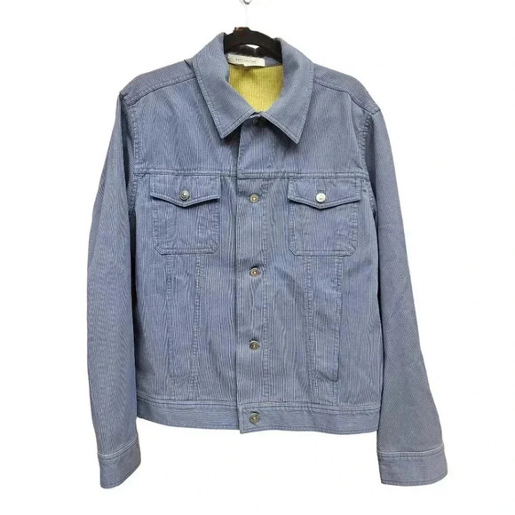 Marc Jacobs Jean Jacket Mens Blue Striped Button Pockets Collar Cotton 25" M - Picture 1 of 8